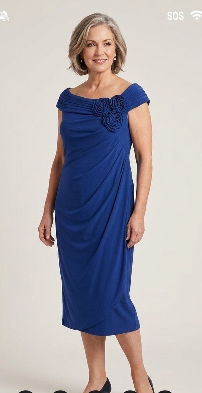 Jessica Howard Blue Off Shoulder Draped Dress Size 16 Rosette Midi NEW